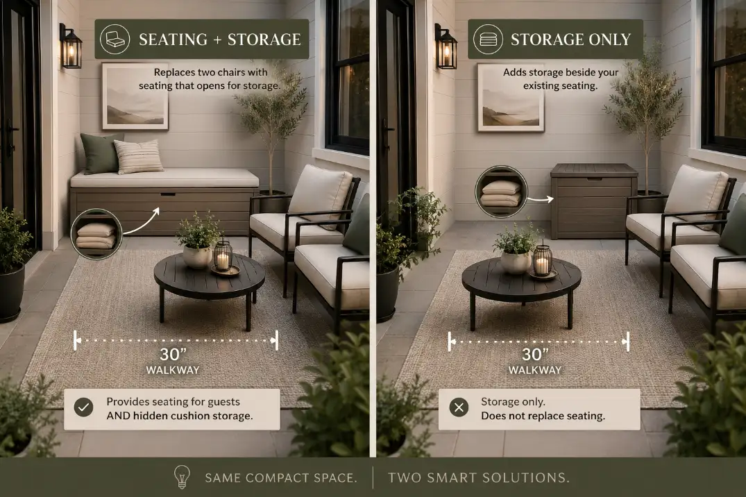 Comparison visual showing a storage bench replacing chairs and a deck box used for storage only on a small patio.