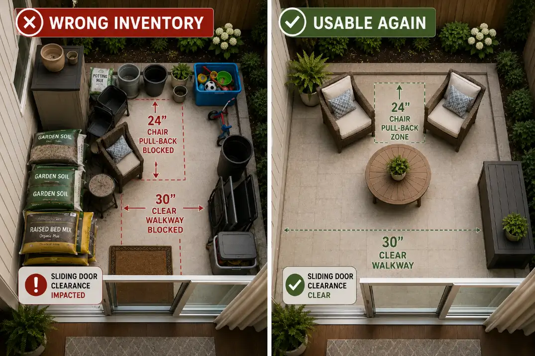 Comparison of the same patio crowded with storage overflow and then cleared for walking, seating, and daily use.