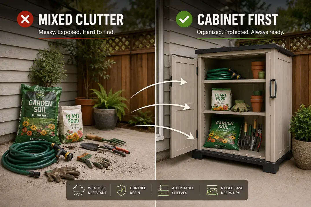 Backyard supplies organized in a resin storage cabinet beside a patio.