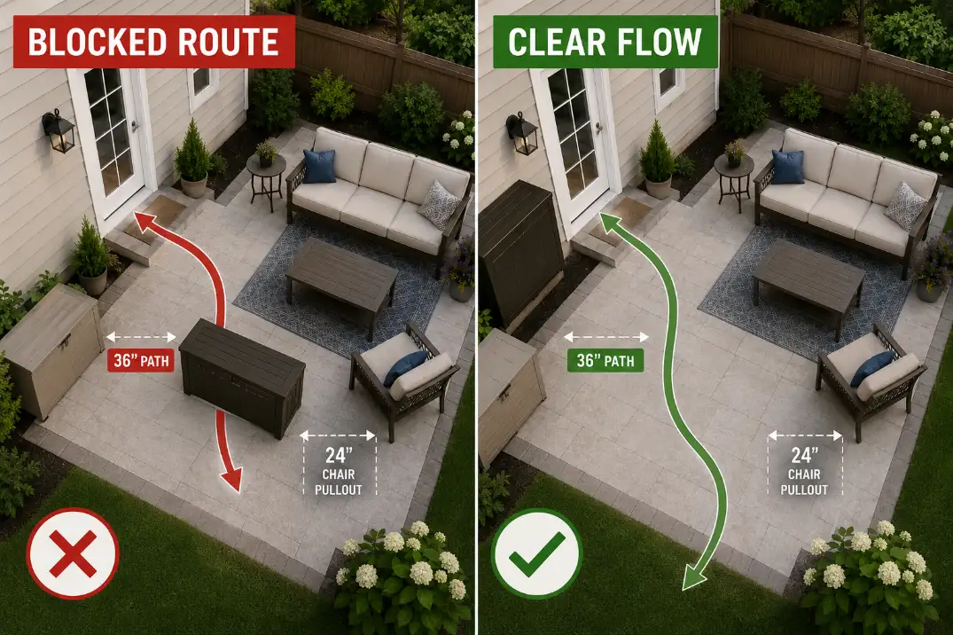 Comparison of blocked patio storage placement versus clear patio flow with storage outside the walking path
