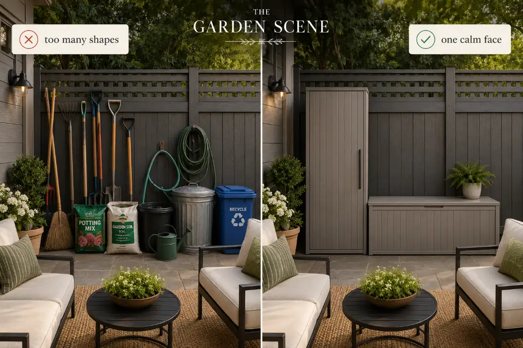 Comparison of a cluttered backyard patio corner and the same corner organized with a vertical cabinet and storage bench.