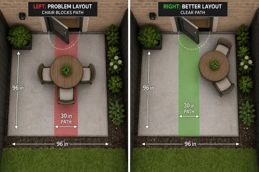 Comparison of centered and corner bistro layouts on an 8x8 patio showing how chair pullback can block or preserve the walking path.