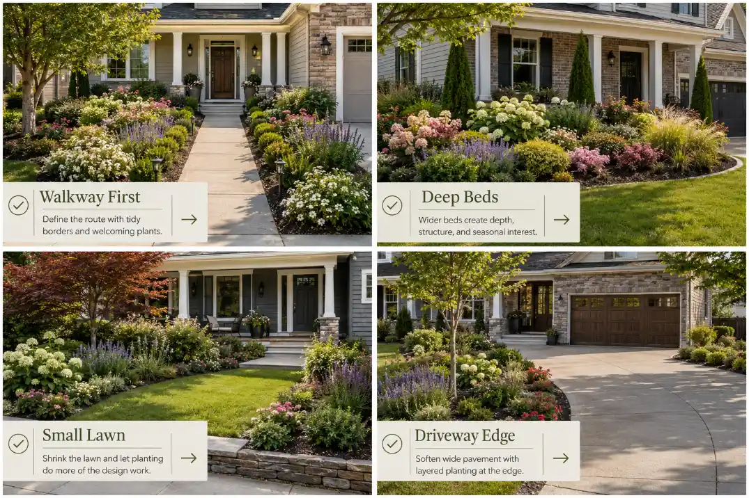 Four-panel front yard landscaping idea collage showing a walkway-first layout, deeper foundation beds, a small lawn with stronger borders, and driveway-edge planting.