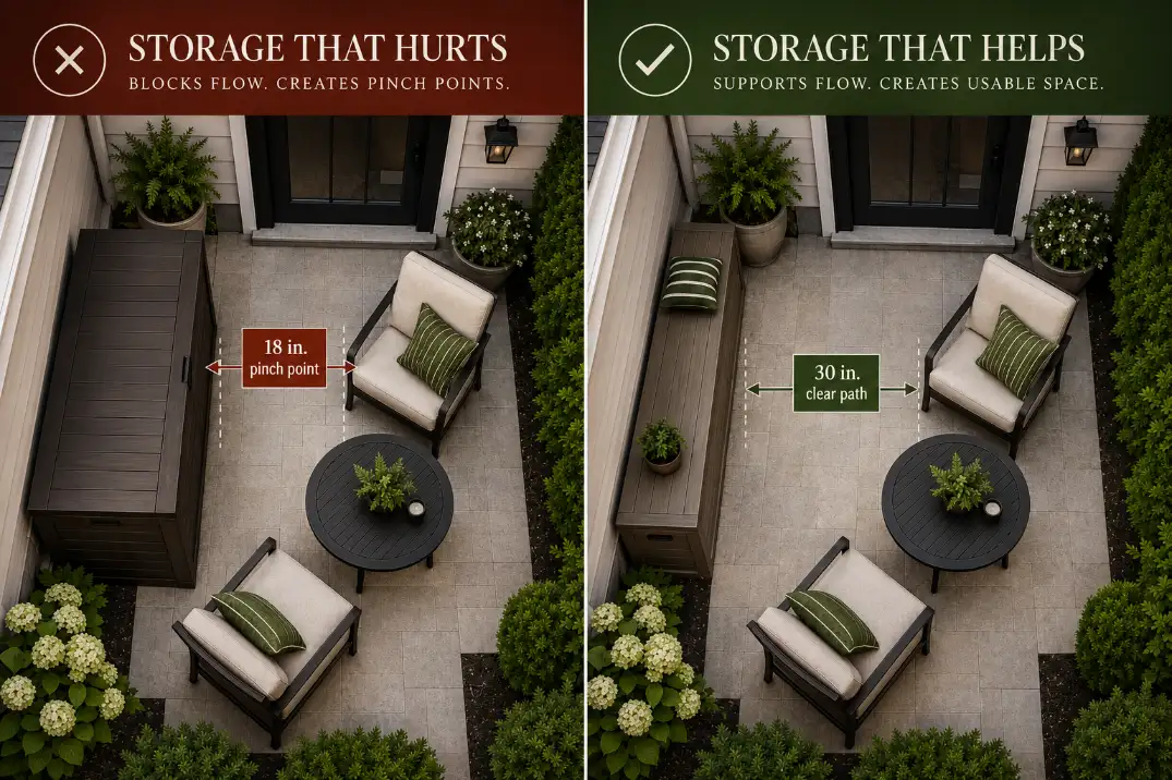 Comparison graphic showing an oversized deck box creating an 18-inch pinch point and a slim storage bench preserving a 30-inch patio path.