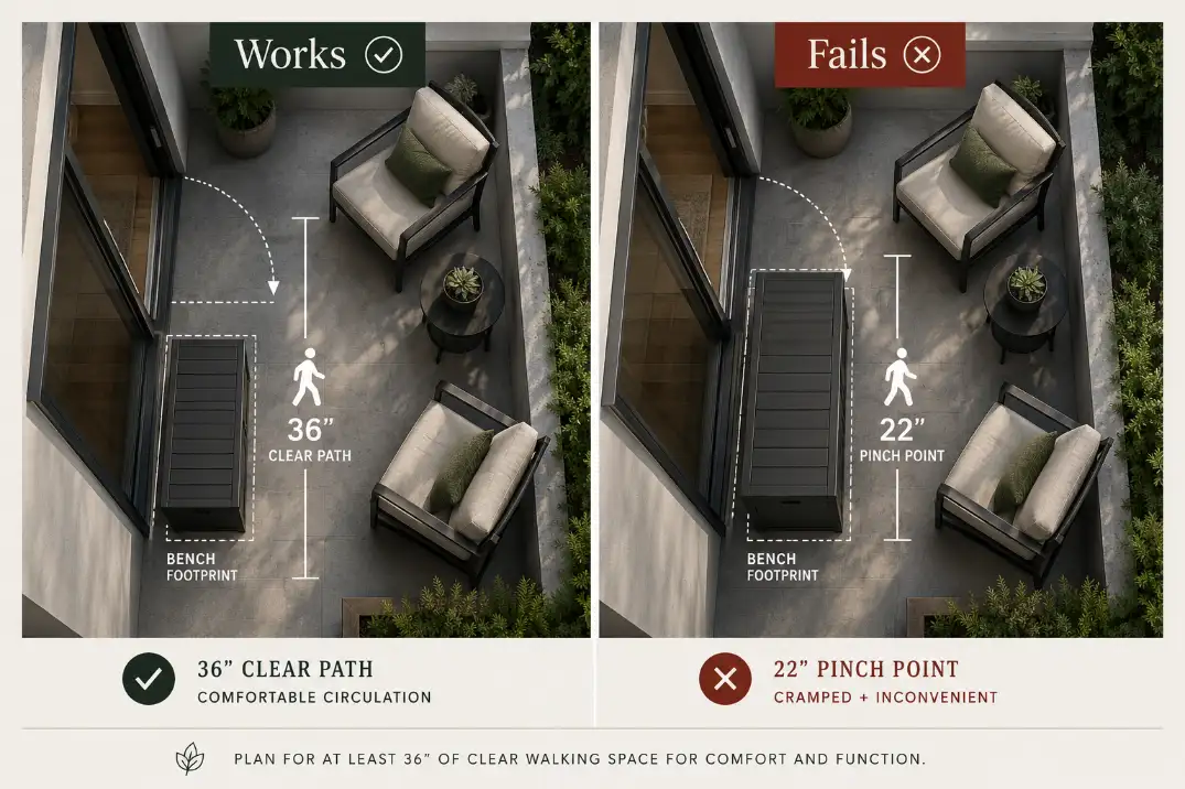Comparison graphic showing outdoor storage bench placement with a clear 36-inch patio path versus a cramped 22-inch pinch point