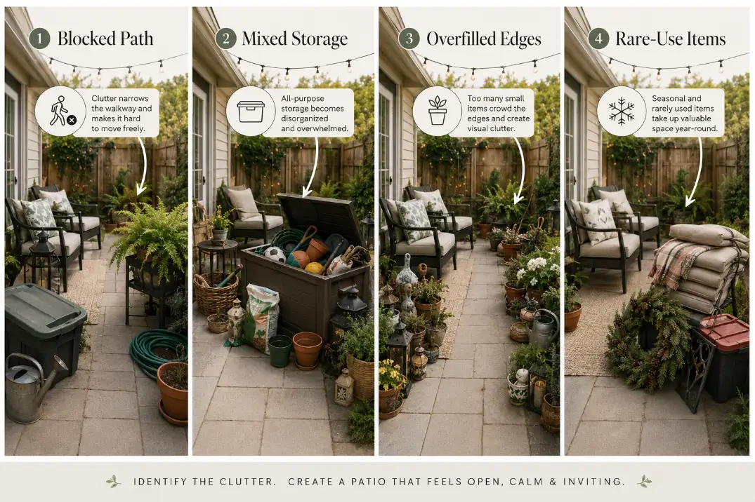 Four-panel patio clutter guide showing blocked paths, mixed storage, overfilled edges, and rare-use items on a small patio.