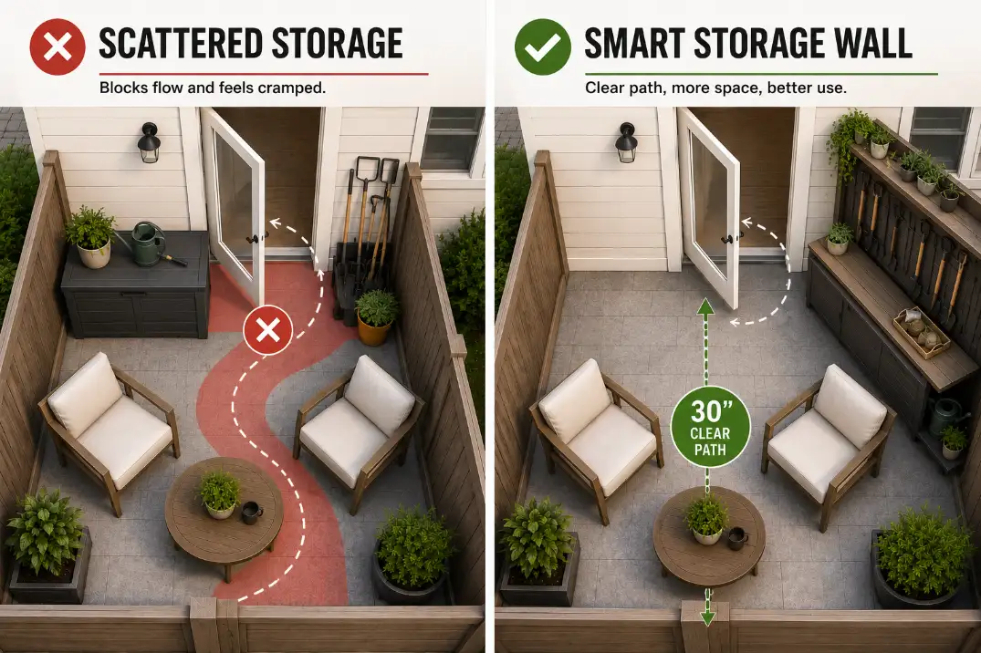 Comparison of a cramped backyard storage layout and a clearer side-wall storage layout with an open walkway.