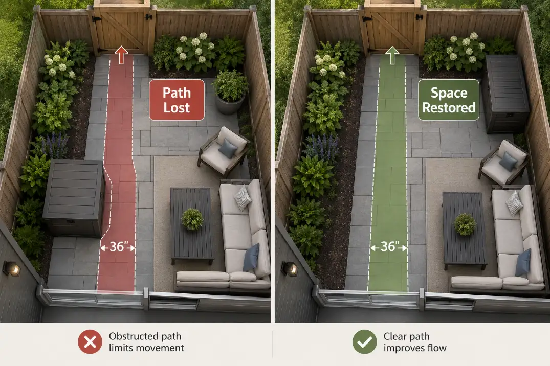 Comparison showing blocked and clear walking paths around storage in a small backyard.
