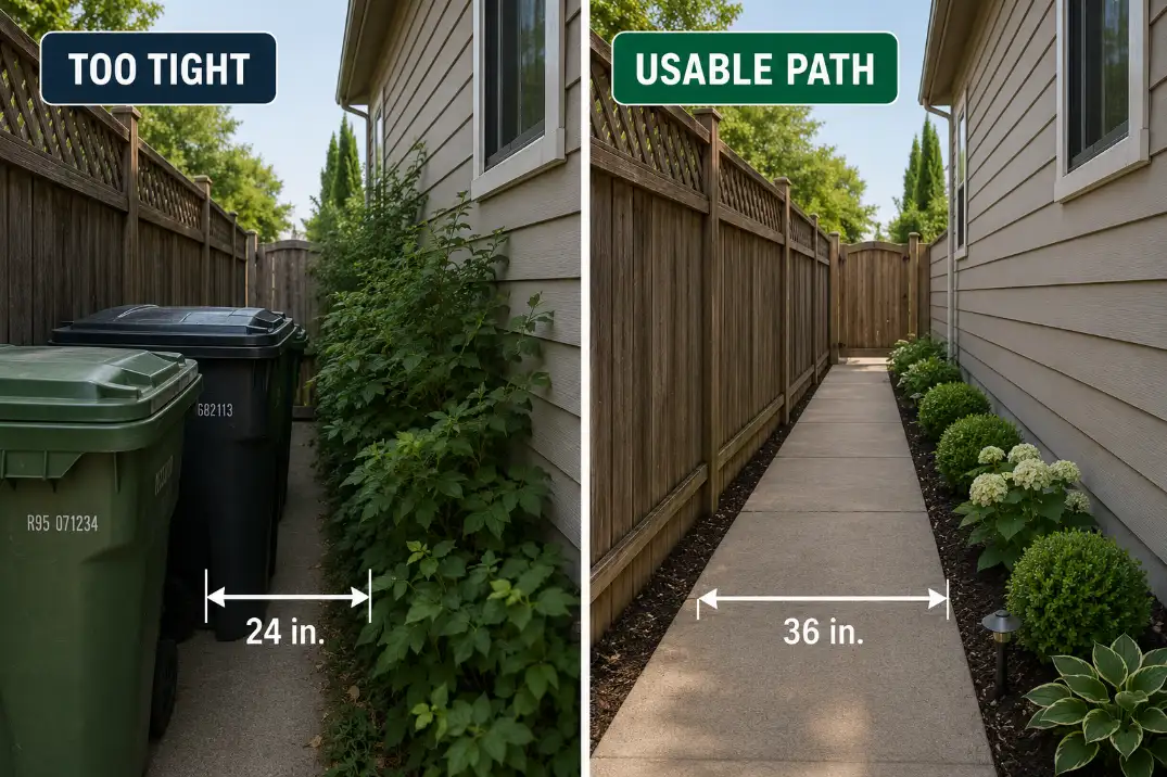 Comparison of a cluttered side yard with a 24-inch path and a cleared side yard with a 36-inch usable path.