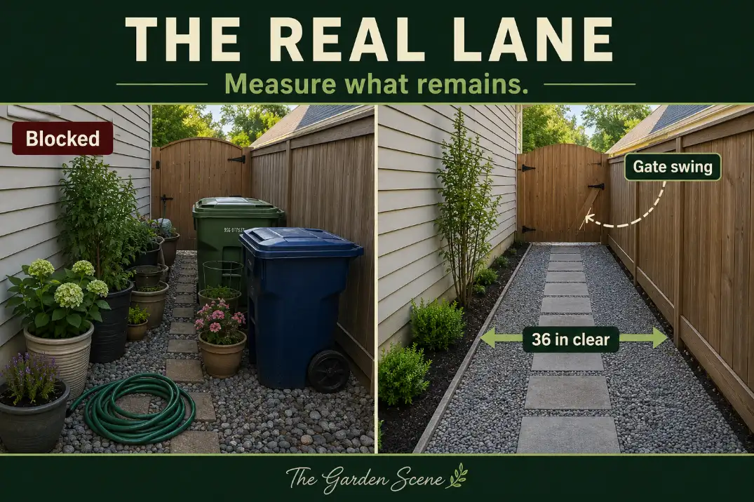 Side-by-side comparison of a cluttered narrow side yard and a clear 36-inch side yard access lane.