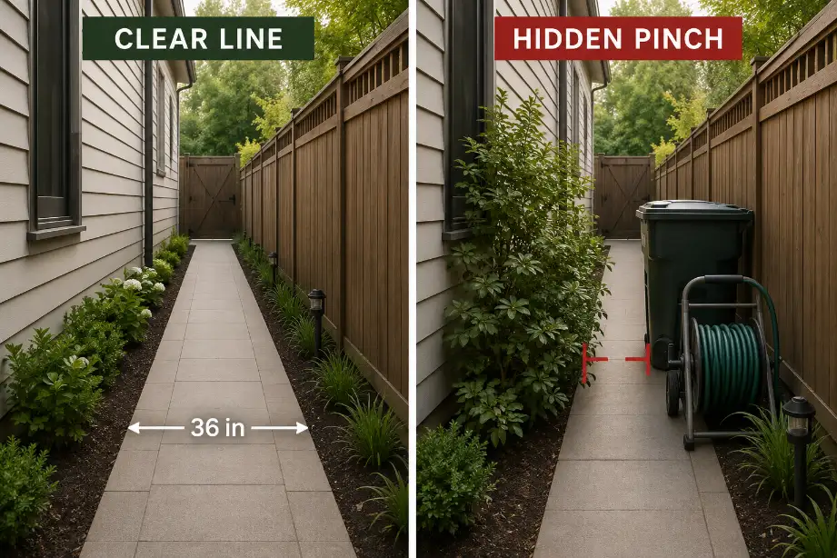 Comparison of a narrow side yard with a clear walking line versus one blocked by shrubs, hose reel, and storage.