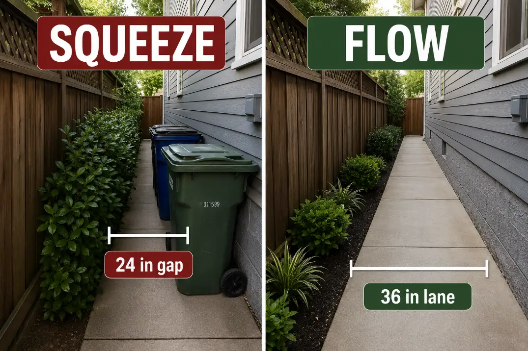 Comparison of a cramped 24 inch side yard gap and a clearer 36 inch walking lane beside a house.