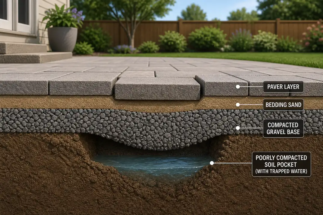 3D cutaway of a paver patio showing trapped water and weak base material causing one paver to settle.