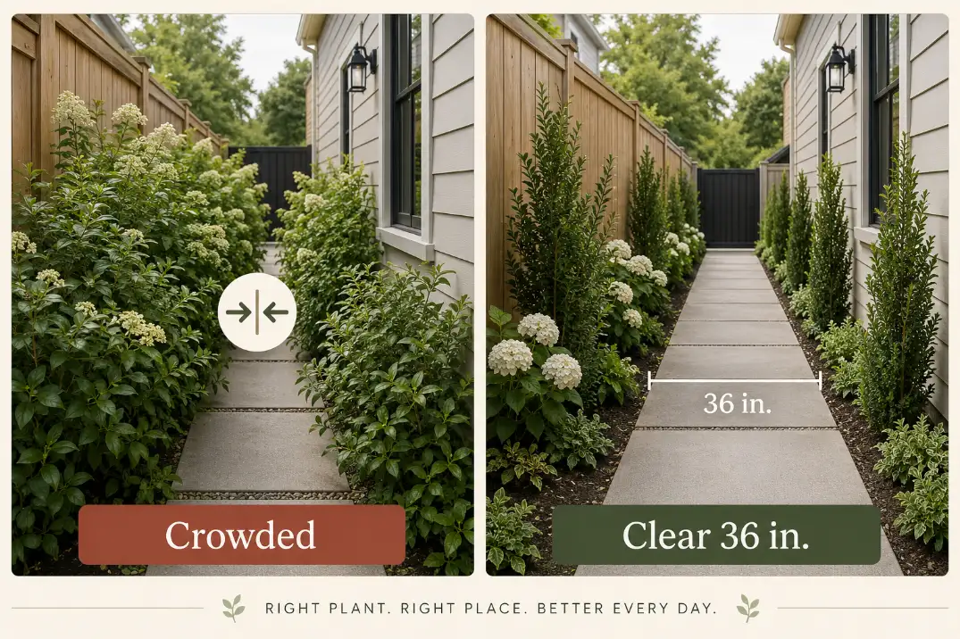 Comparison of a crowded narrow side yard and a clear 36-inch side yard path with compact upright plants. 