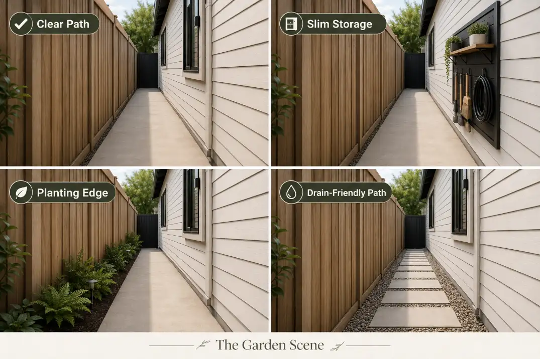 Four-panel side yard idea block showing a clear path, slim storage, narrow planting edge, and drain-friendly stepping path.