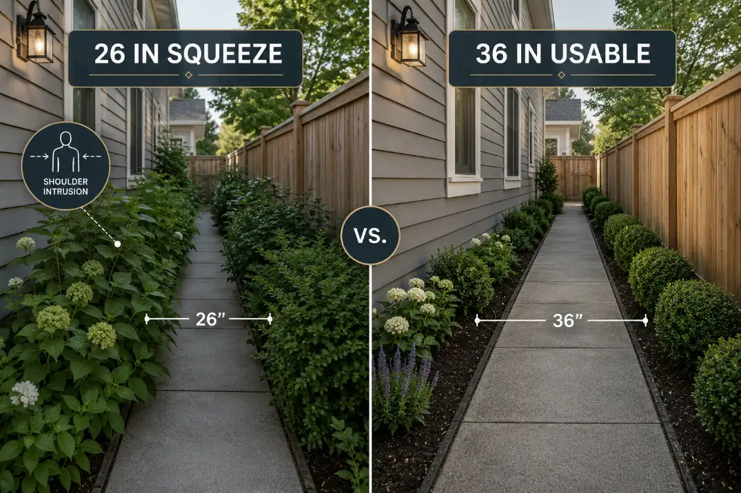 Comparison of a 26 inch narrow side yard path and a 36 inch clear side yard path showing why clearance affects comfort.