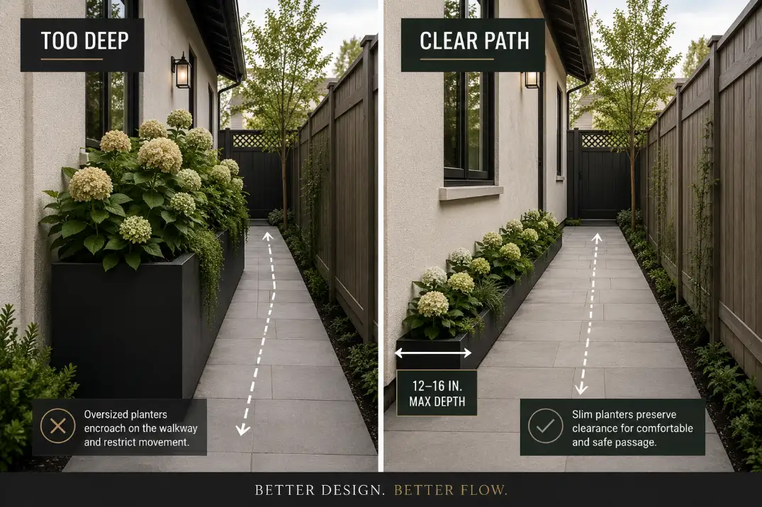 Comparison of a deep planter blocking a narrow side yard path and a slim trough planter keeping the walkway clear.