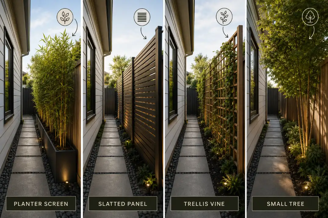 Four compact side yard privacy ideas showing a planter screen, slatted panel, trellis vine, and small tree used without crowding a narrow path.