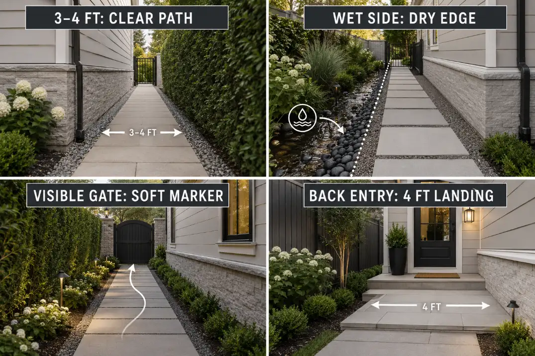 Four side yard connection ideas showing clear path, dry edge, gate marker, and backyard landing solutions.