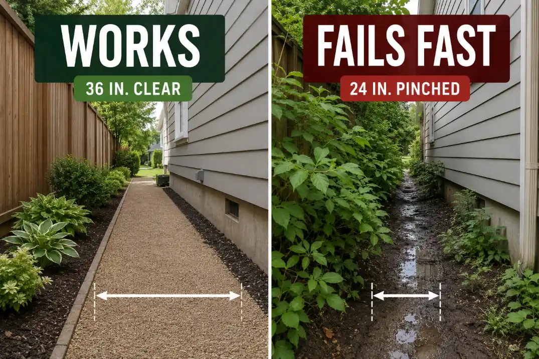 Comparison of a healthy narrow side yard path with 36 inches clear and a failing path pinched to 24 inches by wet soil and leaning plants.