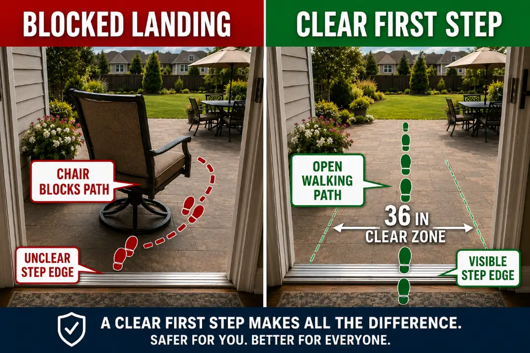 Comparison of a blocked back door patio landing and a clear 36 inch landing with an open first step.