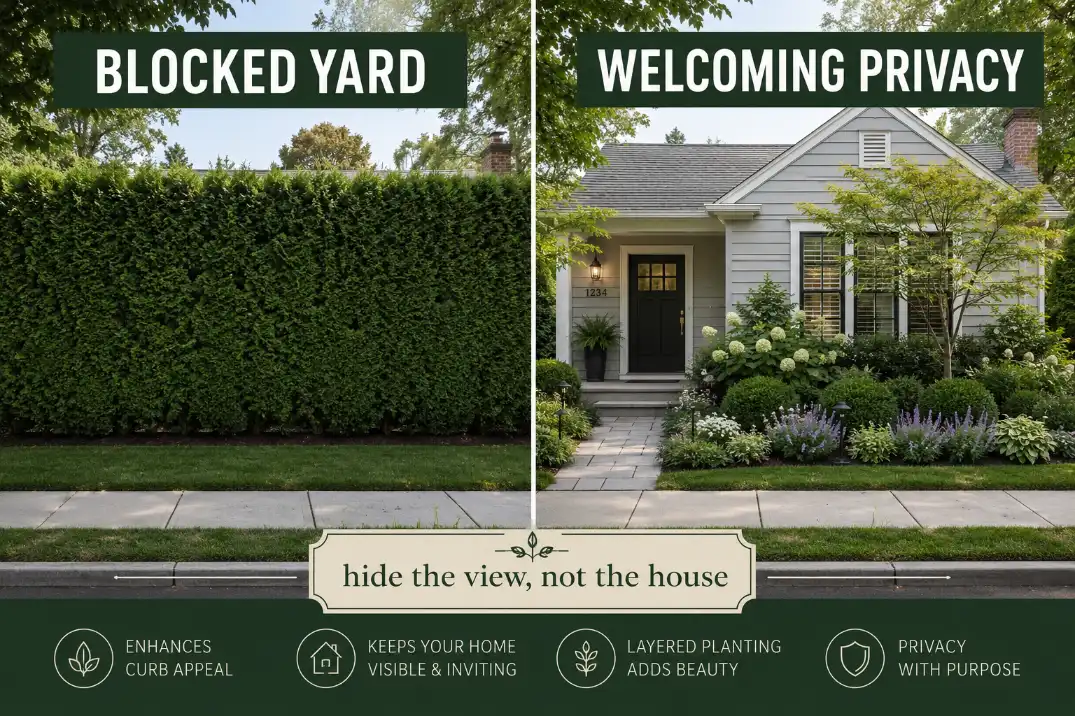 Comparison of a blocked front yard hedge versus welcoming layered privacy planting without a fence.