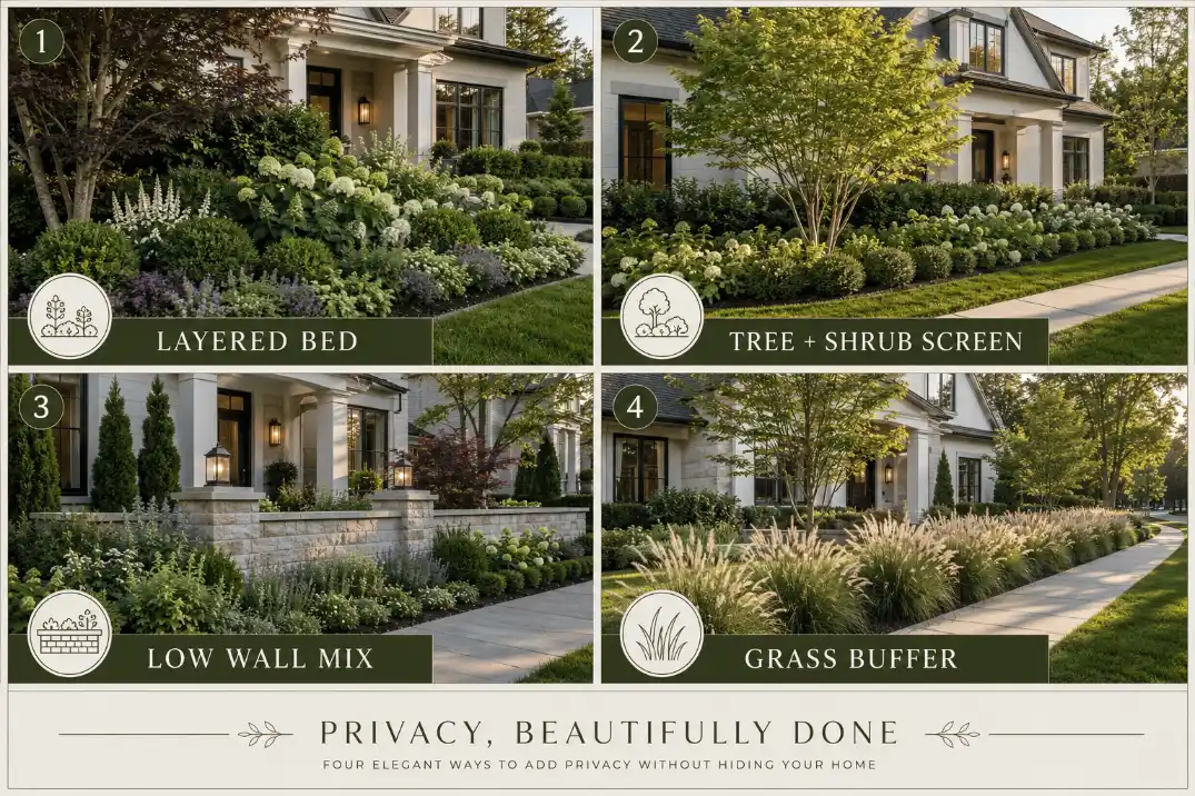 Four front yard landscaping privacy ideas showing layered shrubs, small trees, low wall planting, and ornamental grass borders.