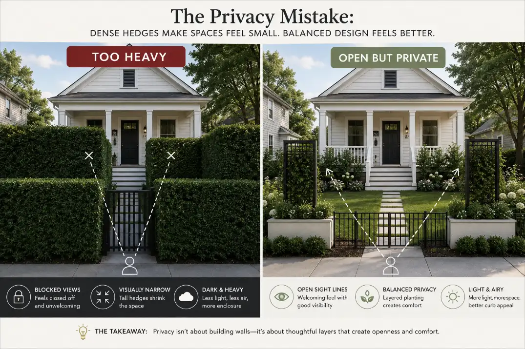 Comparison of a heavy hedge wall and an open small front yard privacy layout with shrubs and narrow planter screens.