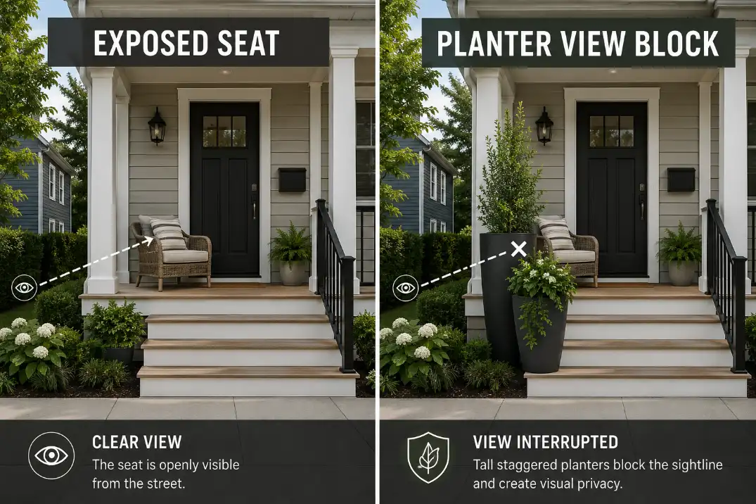 Comparison of an exposed front porch chair and the same chair protected by tall staggered planters beside the steps.