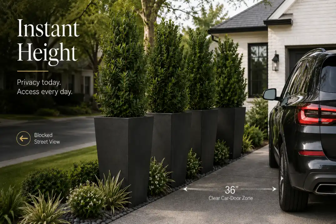 Tall driveway edge planters creating instant privacy while leaving a 36-inch clear car door zone beside a parked vehicle.