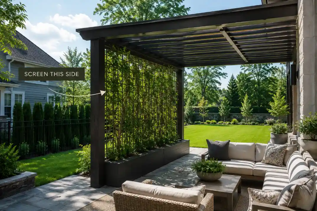 Pergola with side planting used as a backyard privacy idea without enclosing the whole patio.