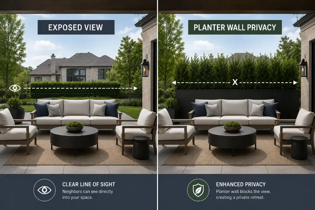Comparison of an exposed patio sofa and the same patio seating area screened by a planter wall for privacy.