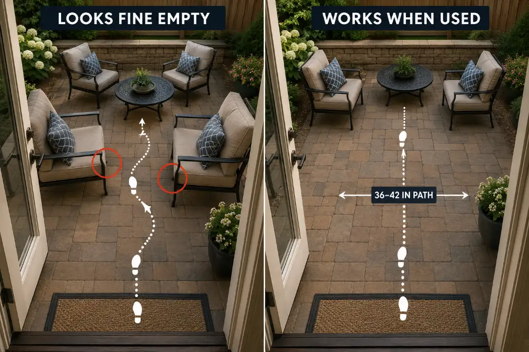 Comparison of a blocked back door patio seating layout and a clear 36 to 42 inch door-first patio route.