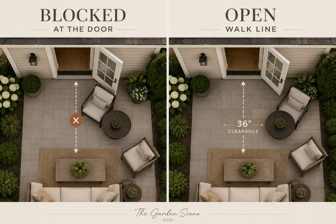 Comparison of a blocked patio door path and an open 36 inch walking line from the house to patio seating.