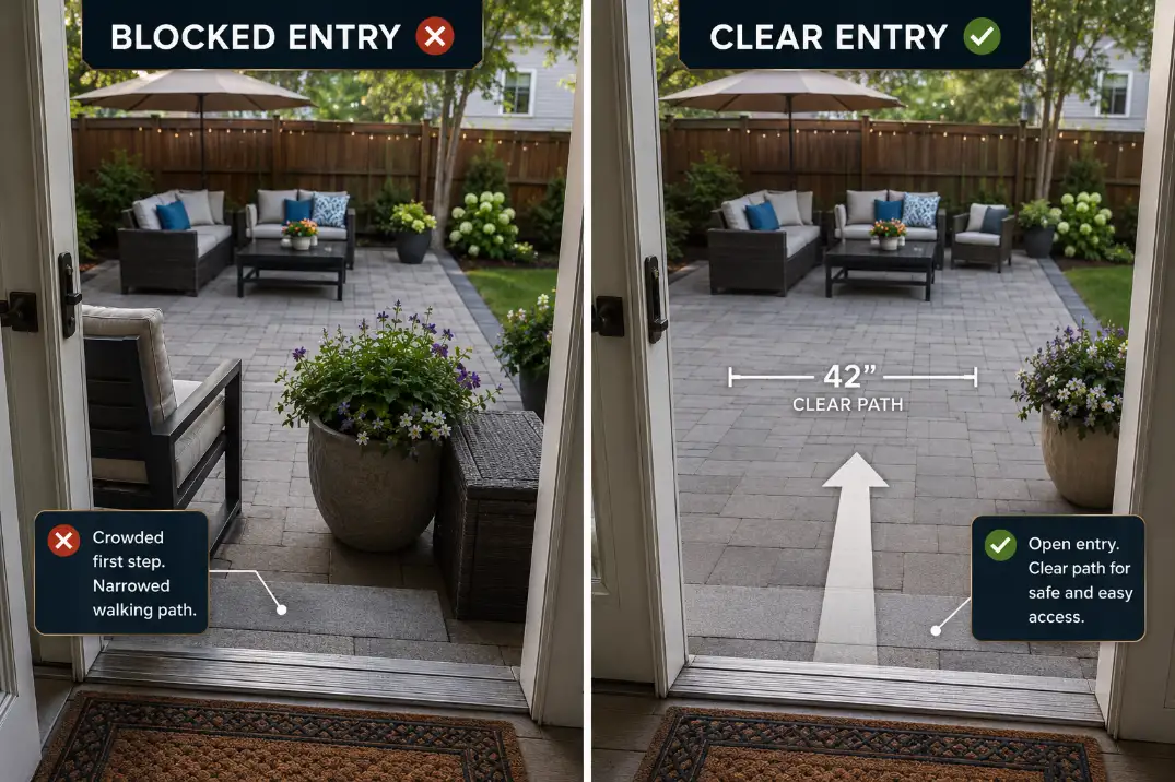 Comparison showing a blocked patio entry beside a clear patio entry with a 42-inch walking path from the back door.