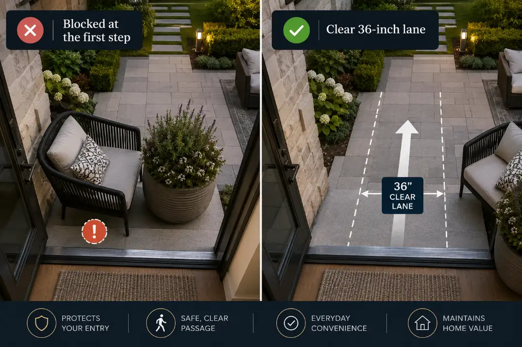 Comparison of a blocked patio entry and a clear 36-inch walking lane from the back door.