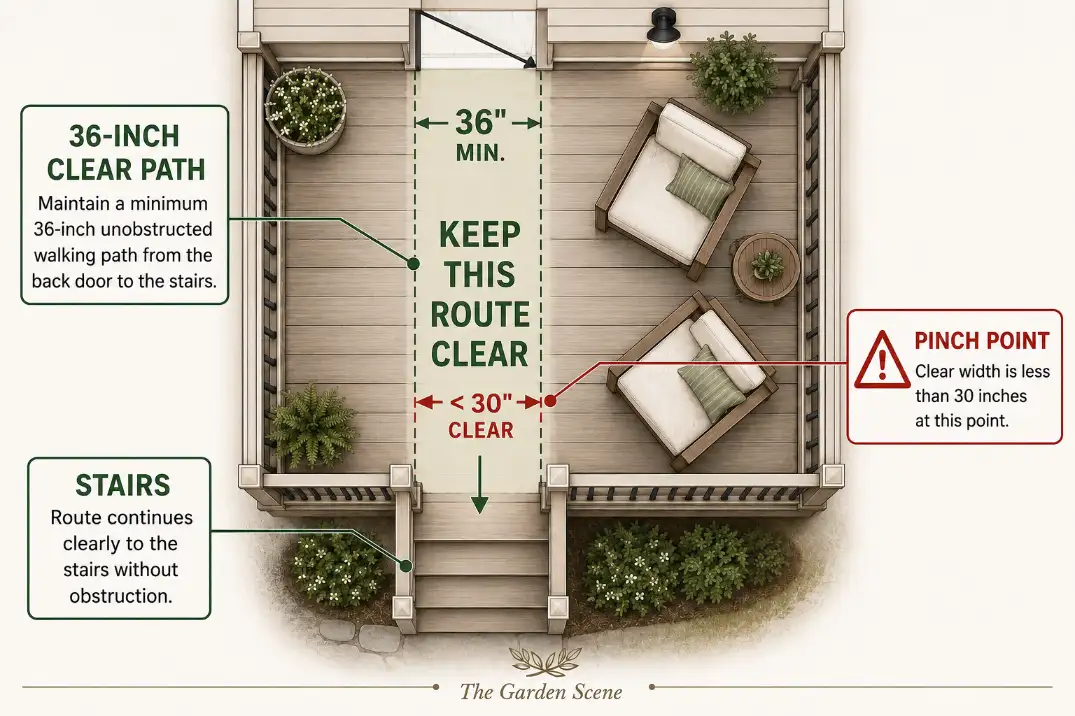 Small deck floor plan showing a 36-inch clear route from the back door to the stairs before furniture placement.