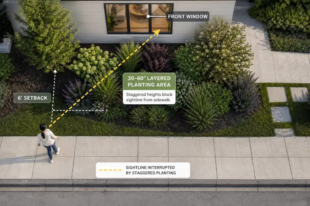 Top-down diagram showing how layered planting blocks sidewalk sightlines in a small front yard without a fence.