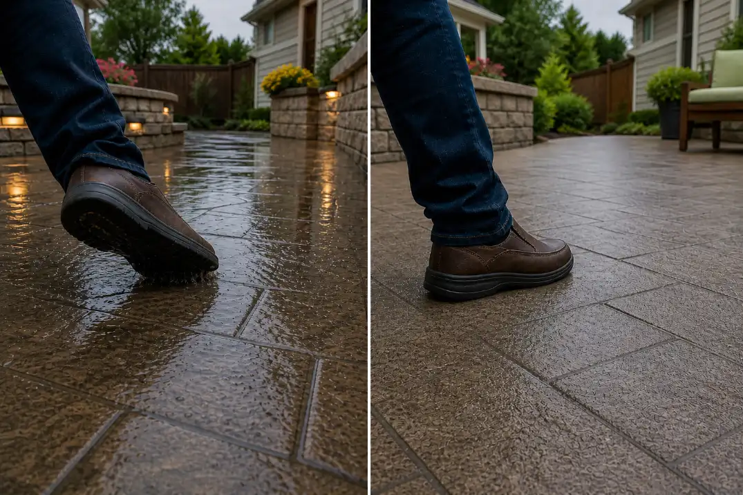 Glossy sealed stamped concrete compared with a subtle anti-slip patio treatment showing why clean slippery surfaces may need added traction.