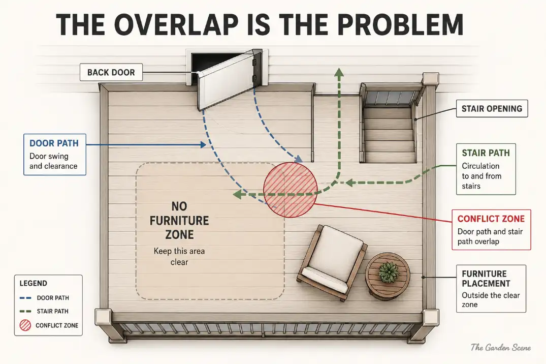 Top-down deck landing diagram showing overlapping door path, stair path, and no furniture zone.