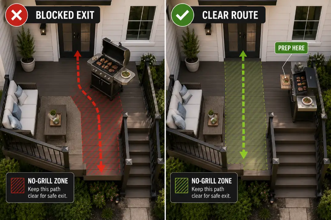 Comparison of small deck grill placement showing a blocked exit path versus a clear route with a compact cooking zone.