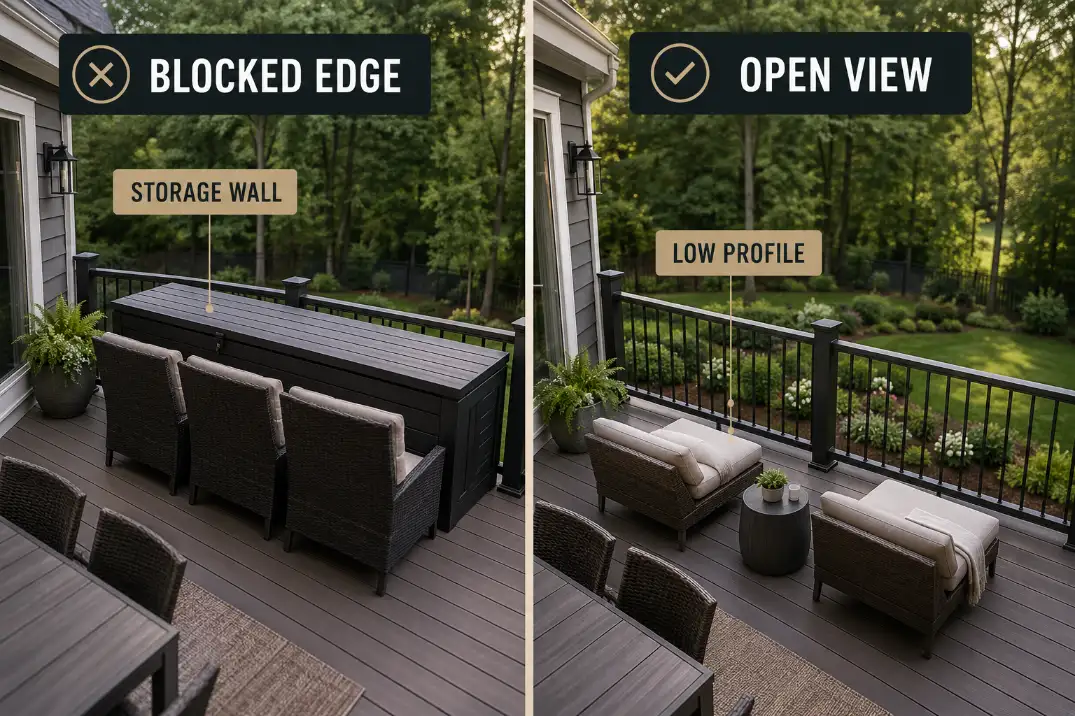 Comparison of deck furniture along railings showing bulky storage and tall chair backs blocking the edge versus low-profile pieces preserving the view.