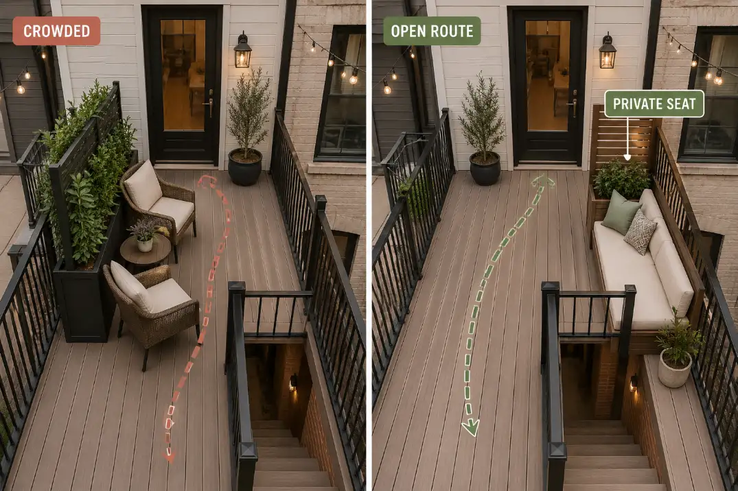 Comparison of a cramped townhouse deck layout and a balanced layout with private seating and an open walking route.
