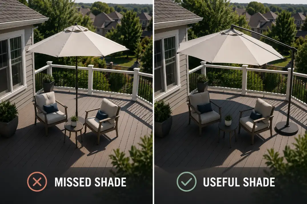 Comparison of upper-level deck shade missing the chairs versus shade placed over the actual sitting zone.