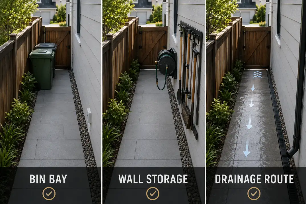 Three-panel side yard utility corridor idea visual showing a bin bay, wall storage, and a drainage route in a narrow side yard.