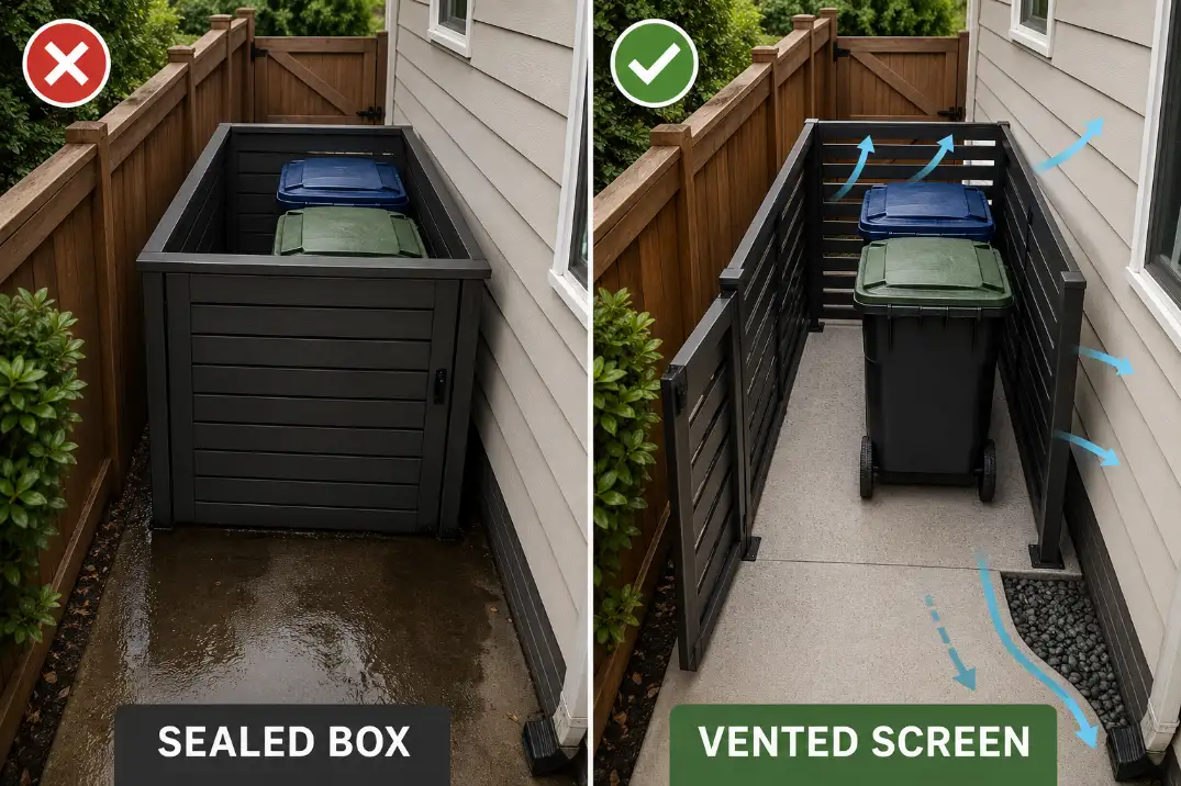 Comparison of a sealed trash bin enclosure trapping odor versus a vented partial screen with a dry base and clear rollout path.