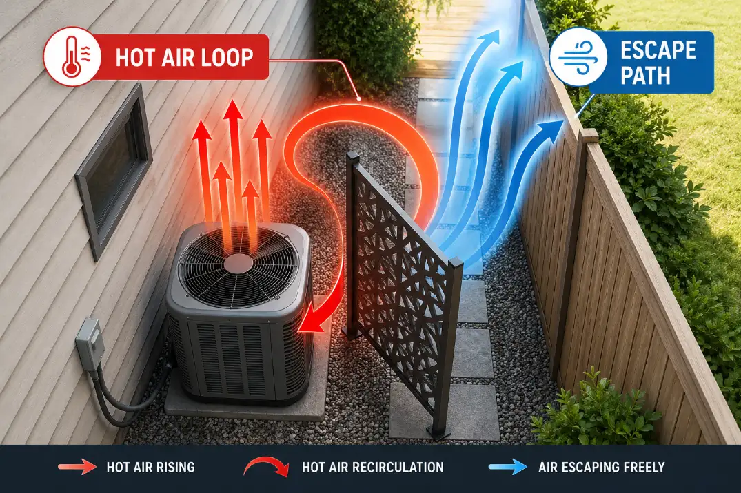 Diagram of hot air from a side yard AC condenser looping back toward the coil when a screen blocks the escape path.