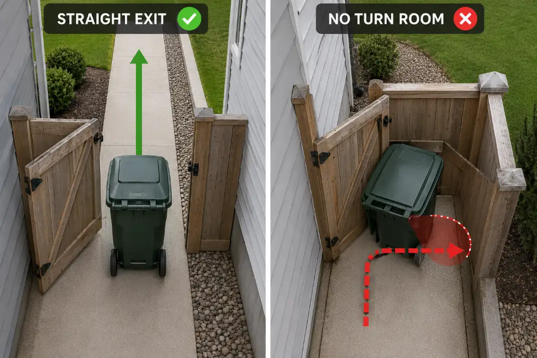Narrow side yard gate comparison showing a trash bin with a clear rollout path versus a blocked turning space after the gate.