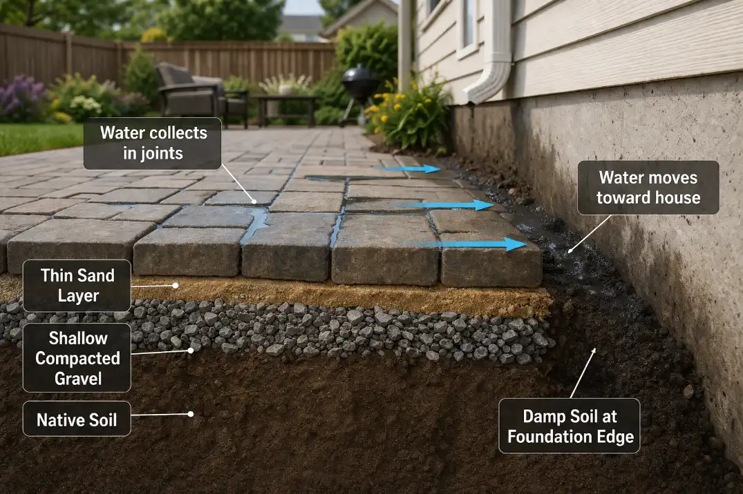 Cutaway of cheap backyard pavers with a thin base and poor slope causing water to move toward the house foundation.