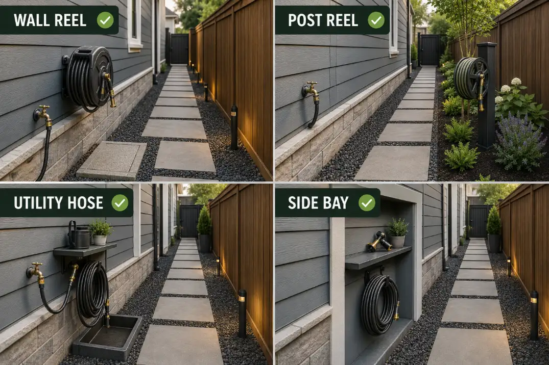 Four side yard hose and faucet zone ideas showing a wall reel, post-mounted reel, short utility hose, and side bay storage setup.